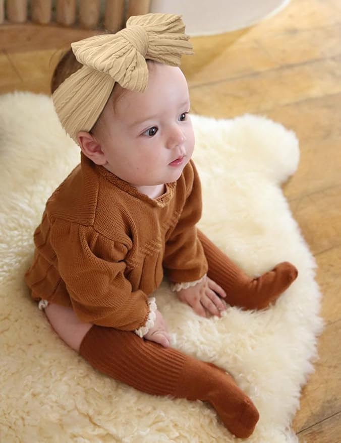 Stretchy Headbands with Bows for Newborn, Infant and Toddler Girls, Beige Unisex Head Wraps (6 Pack, 03H-09)