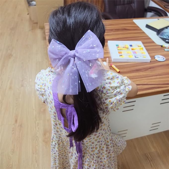 Large Tulle Hair Clips for Baby Girls and Women - Lace Bow Cottagecore Lightweight Gauze Barrettes Accessories (Fresco and Navy Foil)