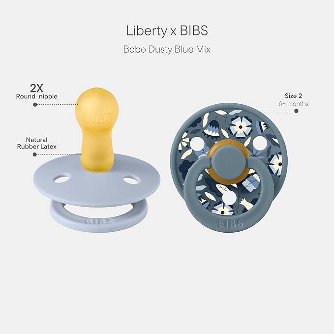 BiBS Liberty Pacifier 2-Pack, BPA Free Pacfiers with Natural Latex Round Nipple, Made in Scandinavia, Size 2 (6-18 Months), Bobo Dusty Blue Mix