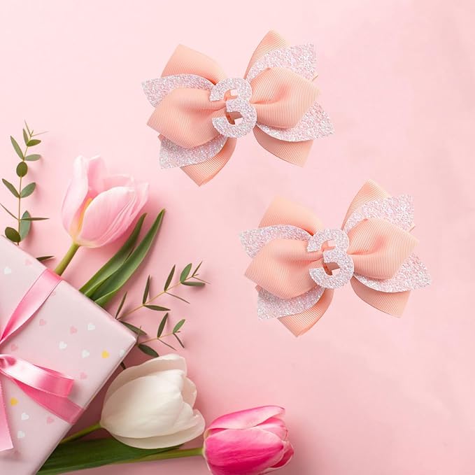 Pink Birthday Hair Bow for Baby Girls - 2Pcs Peach-pink Sprinkle Hair Clips for 3rd Birthday Glitter Baby Bow Party Decorations for Girls Toddlers Hair Accessories