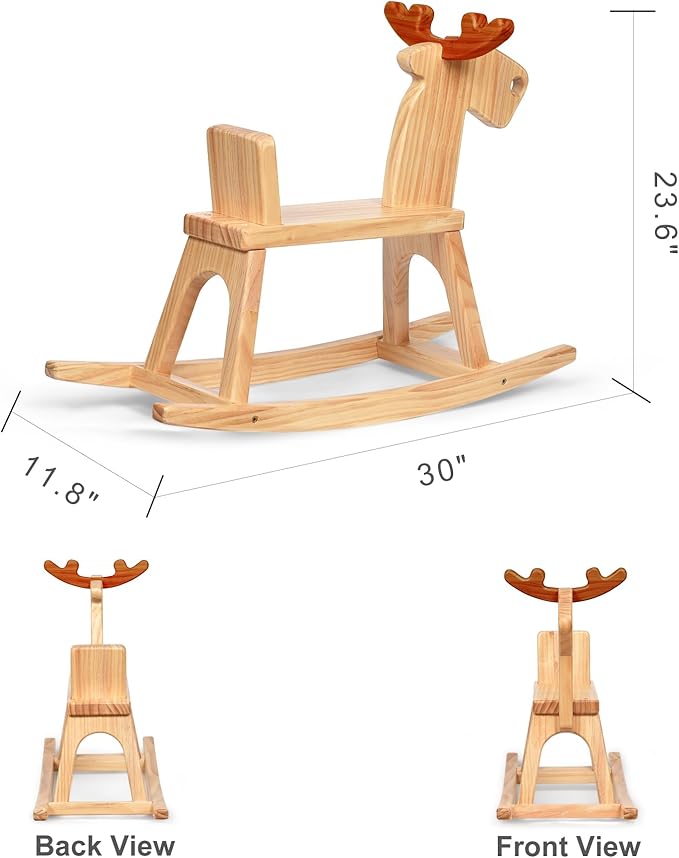 Kid Wooden Rocking Horse, Baby Ride On Toy Rocker for Toddler, Rocking Reindeer w/backrest Ideal Birthday Christmas/Birthday Gift for Boys & Girls (Natural)