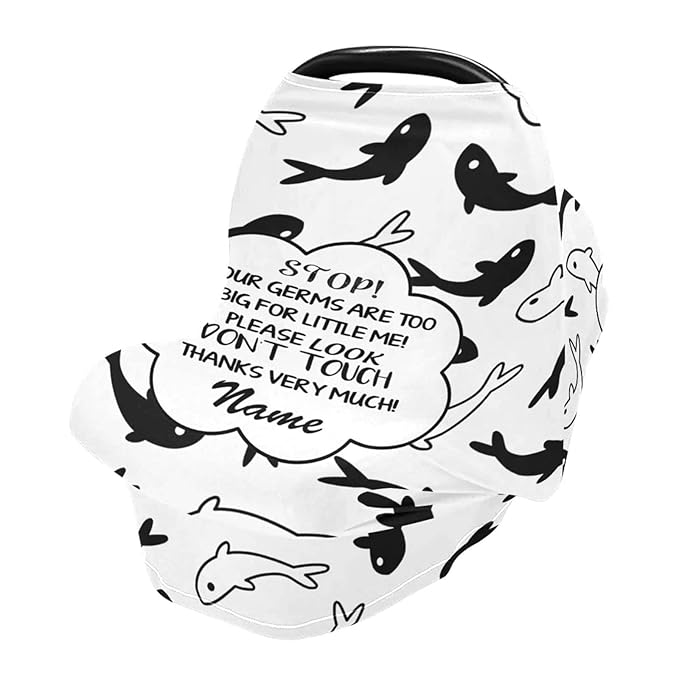 Customized No Touch Sign Stroller Car Seat Canopy with Name, Personalized Shark Baby Boy Carseat Cover, Multiuse Nursing Covers Breastfeeding Scarf, Shower Gift for Newborn Infant Babies