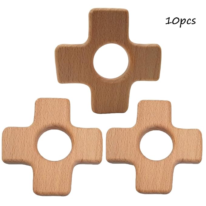 10pcs Natural Wooden Cross Montessori Toy Pendant Pure Natural Beech Wood Animal Plus Shape for Handmade Necklace/Bracelet Accessory (Cross 10pcs)