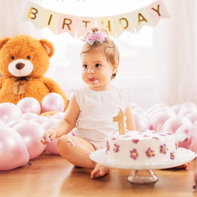 Birthday Hair Bow for Baby Girls - 2Pc Pink Sprinkle Bow Hair headband for 1st Birthday Glitter Ice Cream Baby Bow Party Decorations for Girls Toddlers Hair Accessories (Pink-1 Years-headbands)