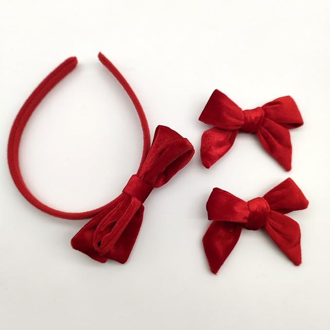 Velvet Bow Headband & 2 Pcs 4 Inch Hair Bows Set, Black School Hair Accessories for Little Toddler School Girls (Velvet Red)