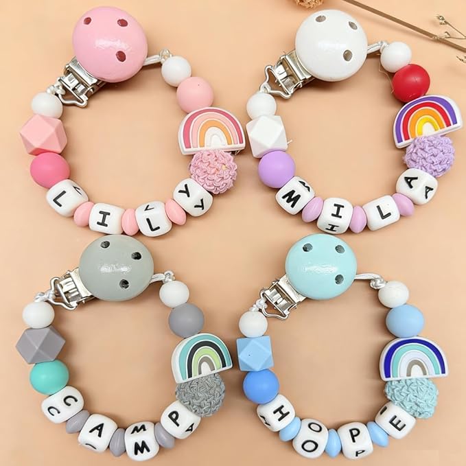 Personalized Pacifier Clip with Name, Custom Rainbow Silicone Binky Holder for Baby Girls & Boys