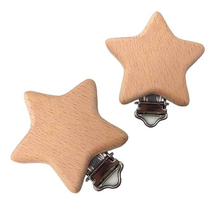 5pcs Natural Wood Suspender Pacifier Clips Cute Beech Wooden Animal Star Shape Clips Charm DIY Beading Pacifier Chain Accessory