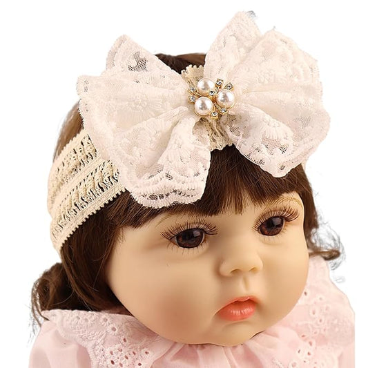 Lace Flower Bow-knot Baby Girls Headband Birthday Infant Wrap Elastic Baby Turban Hairband for Newborn Infant Toddler Kids (White pearl)