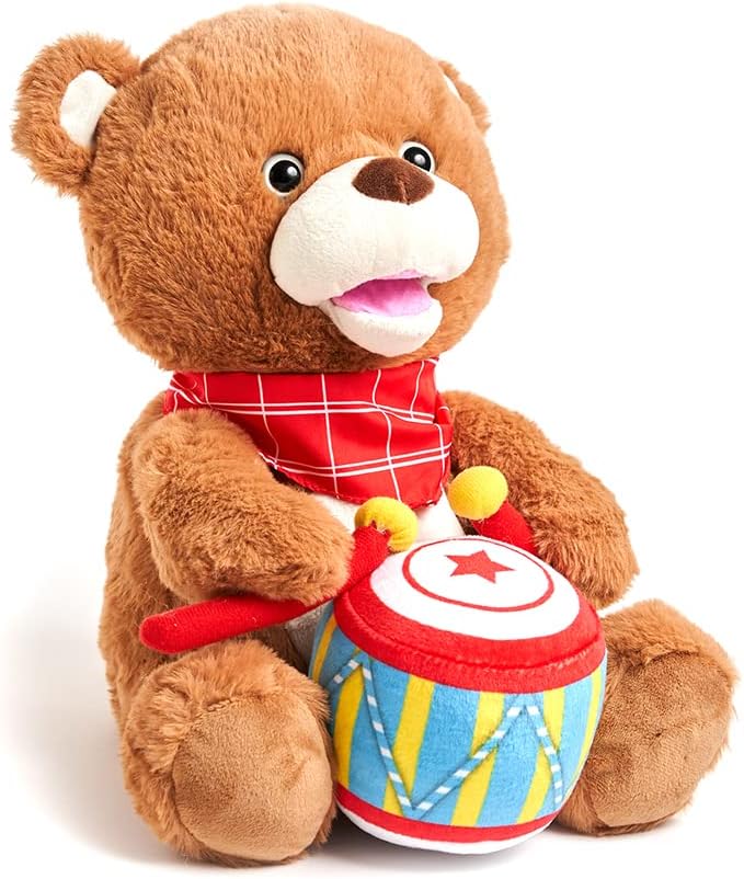 Cuddle Barn - Drummin' Billy | Animated Bear Stuffed Animal Musical Plush Toy Drums and Sings Along to Ants Go Marching and Five Little Bears, 11 inches