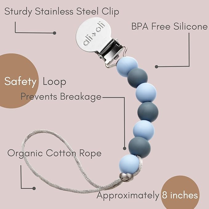 Ali+Oli Silicone Pacifier Clip for Baby (Thin Iron) 100% Food-Grade BPA Free Newborn Pacifier Holder Infant Binky Clip for Baby Boy or Girl