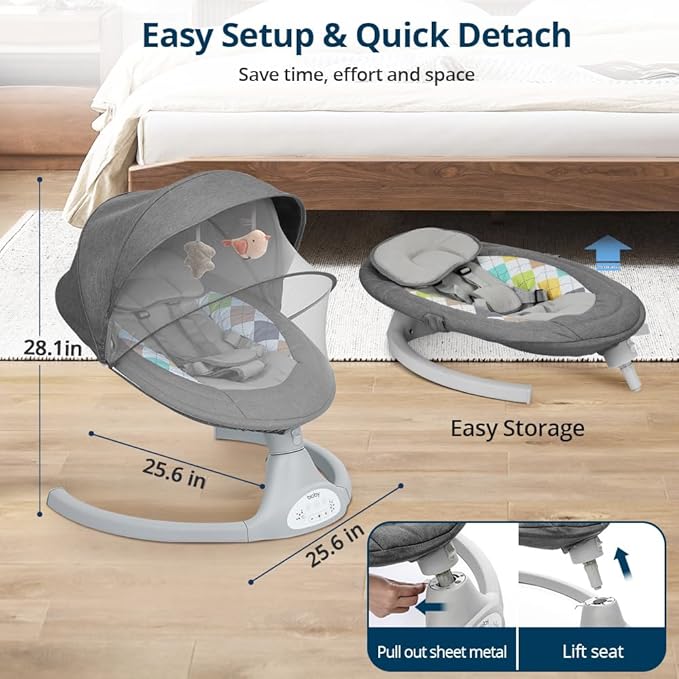 Bioby Baby Swing for Infants with 5 Natural Sway Speeds, Portable Bt Music Swing with Remote Control & 5-Point Harness, Lightweight Baby Rocker for 5-20 Lb,0-12 Months Grey