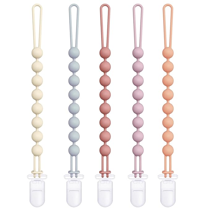 Cuddle Campus Silicone Pacifier Clip Holder with One Piece Design,Soft Flexible Binky Clips with Texture for Baby Boy and Girl Pack of 5 Plastic Clip (0-6m)