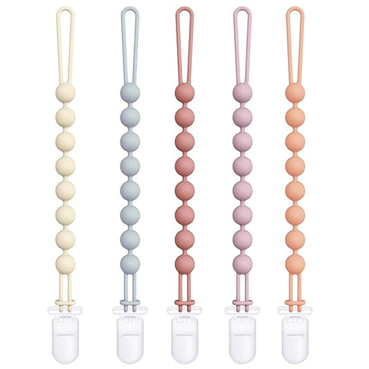 Cuddle Campus Silicone Pacifier Clip Holder with One Piece Design,Soft Flexible Binky Clips with Texture for Baby Boy and Girl Pack of 5 Plastic Clip (0-6m)