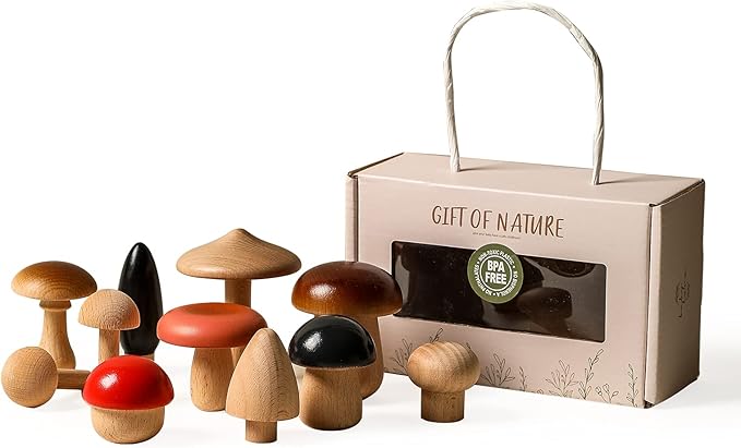 Promise Babe Wooden Mushroom Toys, Montessori Wooden Blocks Stacking Toys for Toddlers 11 Pcs, Miniature Mushroom Various Sizes Woodland Creative Craft Home Decor