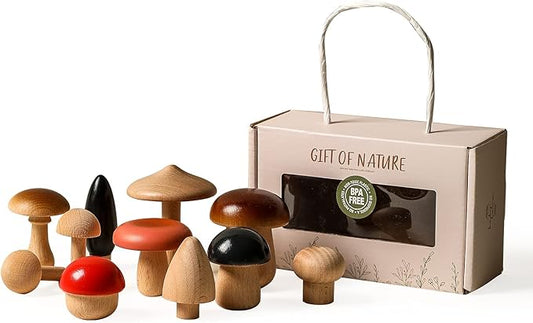 Promise Babe Wooden Mushroom Toys, Montessori Wooden Blocks Stacking Toys for Toddlers 11 Pcs, Miniature Mushroom Various Sizes Woodland Creative Craft Home Decor