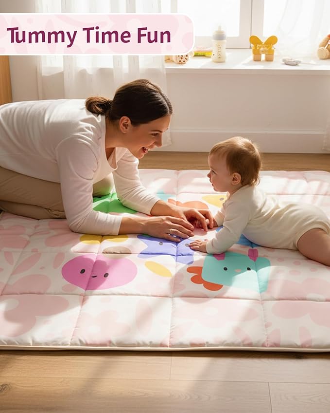 Baby Play Mat, Foldable Play Mats for Floor, 50x50 Inches Crawling Mat for Playpen with Anti-Slip Bottom, Machine Washable, Thicken Padding Foam Playmats for Babies and Toddlers (Pink Floral)