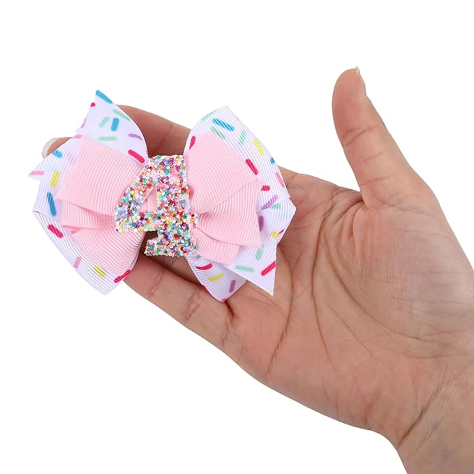 2pcs Birthday Hair Bow for Baby Girls, Sprinkle Confetti 4th Birthday Decorations Girl, Ice Cream Party Theme Bow Clips for Baby Girls Pink Hair, Happy 4th Birthday Girl Hair Bow Clips