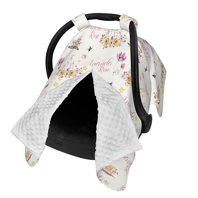 Personalized Baby Car Seat Canopy for Babies, Custom Name Baby Car Seats Covers for Girls, Opening Minky Nursing Breastfeeding Cover for Infant, Carseat Canopies for Newborn (Princess Floral)