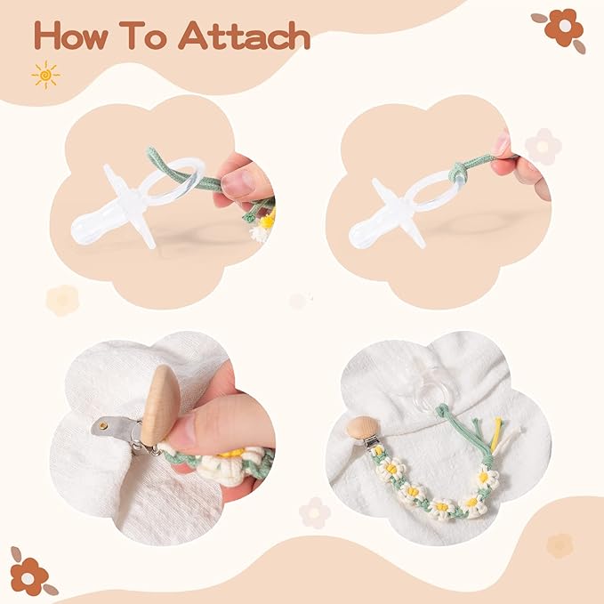 Pacifier Clip for Boys Baby Girls Floral Daisy Macrame Paci Clip Boho Wooden Clips Handmade Braided Cotton Binky Clips Pacifier Holder Leash Birthday Gift