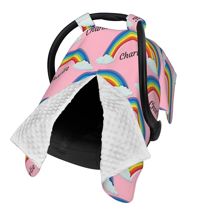 Personalized Colorful Rainbow Pink Baby Infant Car Seats Canopy for Babies with Name, Custom Car Seat Covers for Baby Girls, Peekaboo Minky Nursing Breastfeeding Stroller Canopies for Newborn