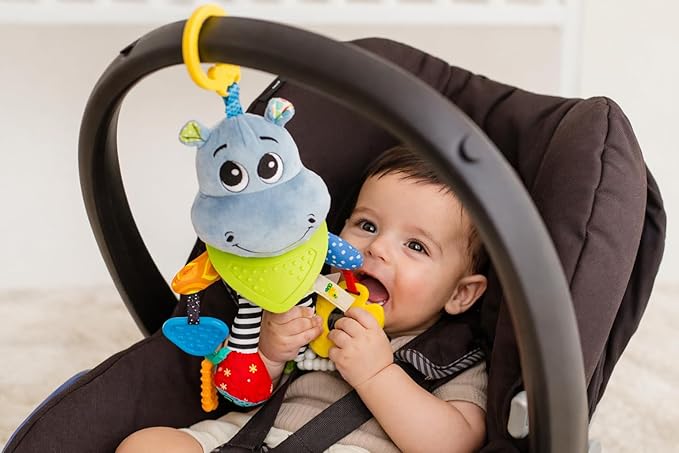 Balibazoo Hippo Hanging Baby Activity Toy – Soft Plush Sensory Toy with 4 BPA-Free Silicone Teethers, Crinkle Ears & Hidden Bell | Clip for Stroller and Car Seat | Developmental Toy 0-24M | Gift