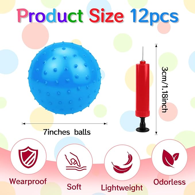 12PCS Bouncy Balls for Kids Toddlers, 7 Inch Sensory Balls Spiky Massage Stress Ball Bulk with Air Pump, Indoor Outdoor Sports Sensory Toys & Party Favors(Blue)