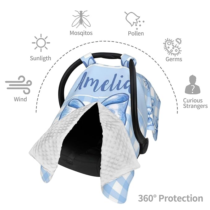 Personalised Baby Car Seat Cover with Name, Customized Bows Carseat Covers for Babies Girls, Windproof Sun Protection Baby Carseat Canopy, Multi-use Nursing Breastfeeding Covers for Infant