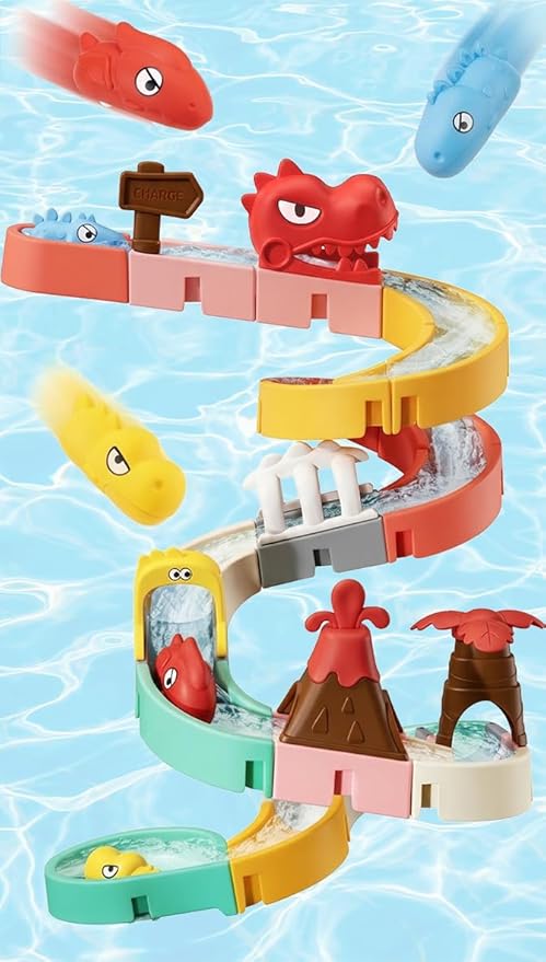 SOCBTNSO Dinosaur Slide Toys, Toddler Bath Toys for Kids Ages 4-8, DIY Building Kit for Ages 5-7, Bathtub Time Birthday Gifts for Toddler 3 + Year Old (36 PCS)