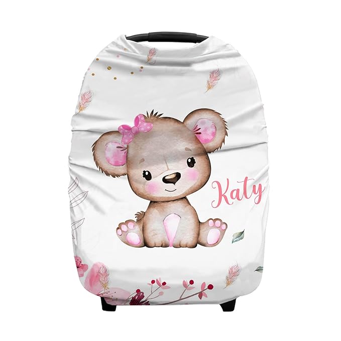Personalized Baby Car Seat Covers with Name, Custom Nursing Cover Breastfeeding for Babies, Carseat Canopy for Girls, Infant Stroller Cover for Winter, Breathable Carseats Cover (Cute Little Bear)
