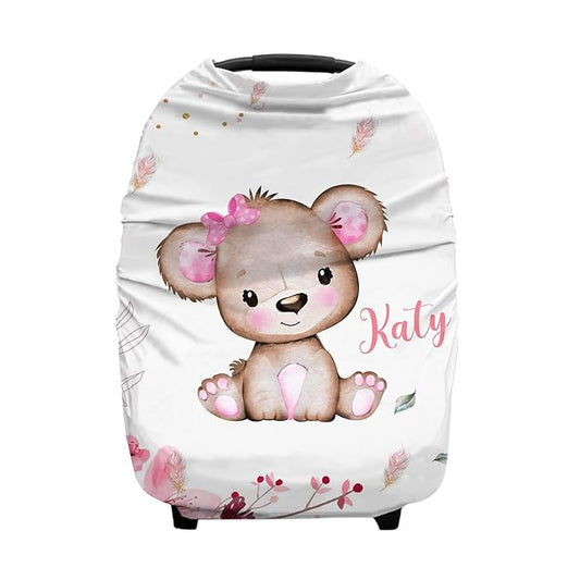 Personalized Baby Car Seat Covers with Name, Custom Nursing Cover Breastfeeding for Babies, Carseat Canopy for Girls, Infant Stroller Cover for Winter, Breathable Carseats Cover (Cute Little Bear)