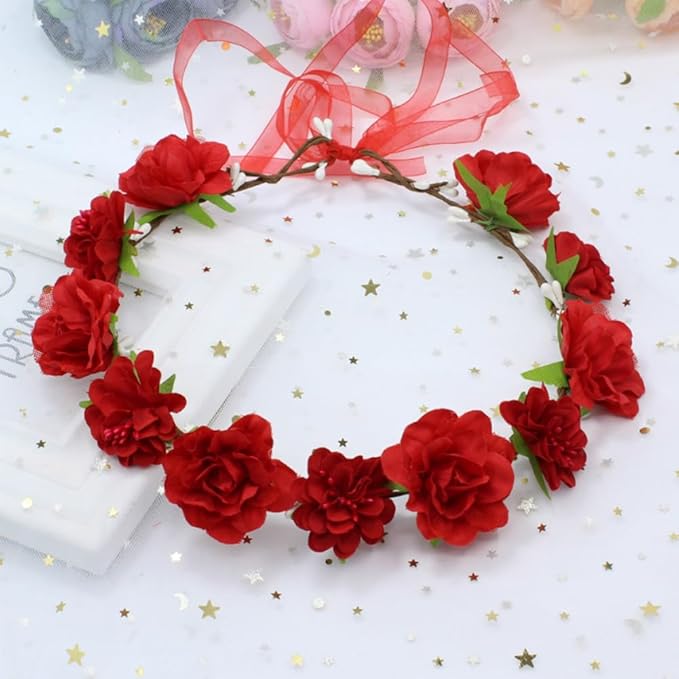 AKOAK 1 Pack Flower Crown, Bohemian Wreath for Girls Floral Tiara, Wedding Headband, Bride Bohemian Wreath/Baby Shower/Photo/Toddler (Red)