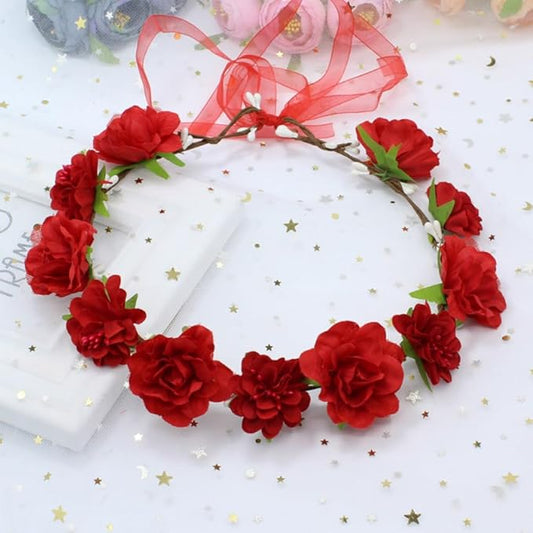 AKOAK 1 Pack Flower Crown, Bohemian Wreath for Girls Floral Tiara, Wedding Headband, Bride Bohemian Wreath/Baby Shower/Photo/Toddler (Red)