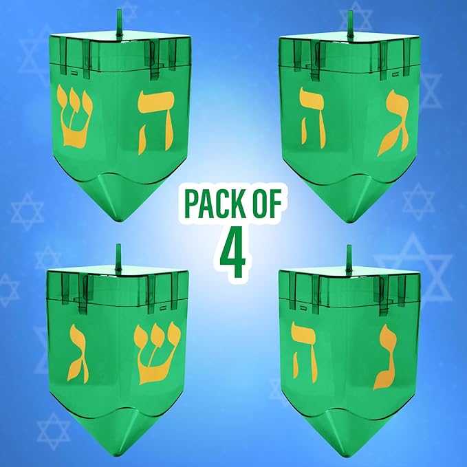 Large Fillable Dreidels for Hanukkah, Pack of 4 Plastic Dreidels Bulk, Green Large Dreidels That Bring Joy and Tradition to Every Celebration