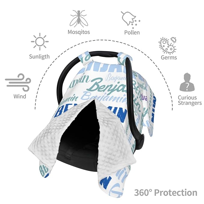 Personalized Baby Car Seat Canopy for Babies, Custom Name Baby Car Seats Covers for Boys Girls, Opening Minky Nursing Breastfeeding Cover for Infant, Carseat Canopies for Newborn (White)