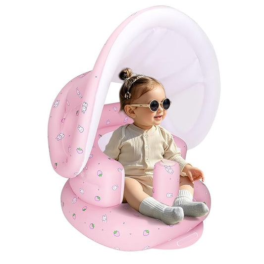 AirSwim Inflatable Baby Seat with Detachable Canopy and Built-in Pump, Inflatable Baby Chair for Babies 3 Months and Up, Sit Me Up Chair for Outdoor Indoor, Bumbo Seat for Infants, Strawberry