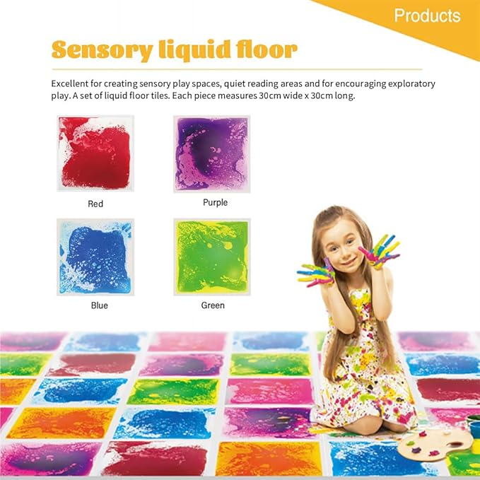 edusense Sensory Liquid Floor Tiles for Kids, Decorative Tiles for Autism, Early Learning Toys, Activity Play Mats with Anti-Slip Backing, Multi-Color Set of 4 Pack 12" x 12"