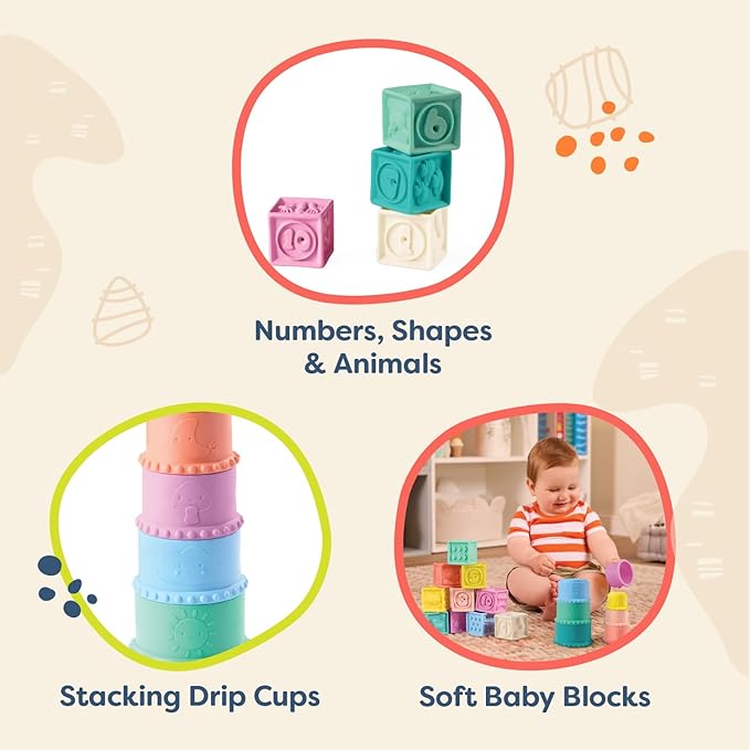 B. toys – Sensory Baby Toys – Soft Baby Blocks – Stacking Drip Cups – Numbers, Shapes & Animals – 6+ Months – Stackin' Squishies