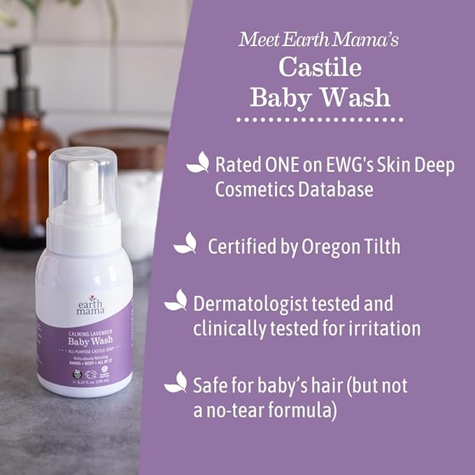 Earth Mama Calming Lavender Baby Wash Liquid Foaming Hand Soap, All-Purpose Lavender Body Wash for Sensitive Skin, Castile Soap with Coconut Oil, Shea Butter, Calendula, & Aloe, 5.3 Fl Oz