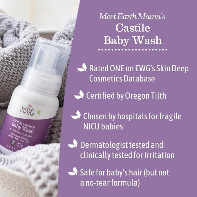 Earth Mama Calming Lavender Baby Wash Liquid Foaming Hand Soap, All-Purpose Lavender Body Wash for Sensitive Skin, Castile Soap with Coconut Oil, Shea Butter, Calendula, & Aloe, 5.3 Fl Oz (Pack of 2)