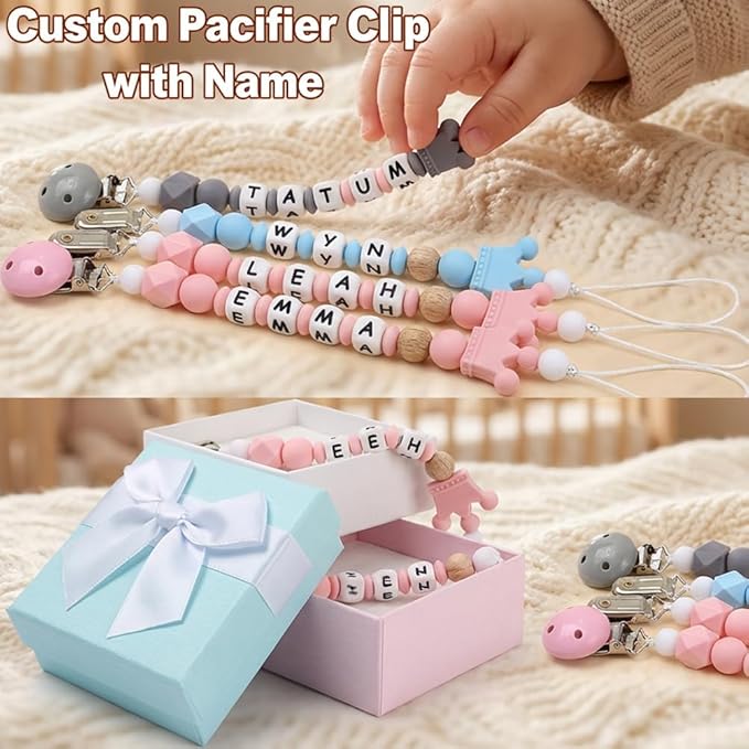 Custom Pacifier Clip with Name, Personalized Pacifier Clip with Box for Newborn Gift Baby Gift (Silicone)