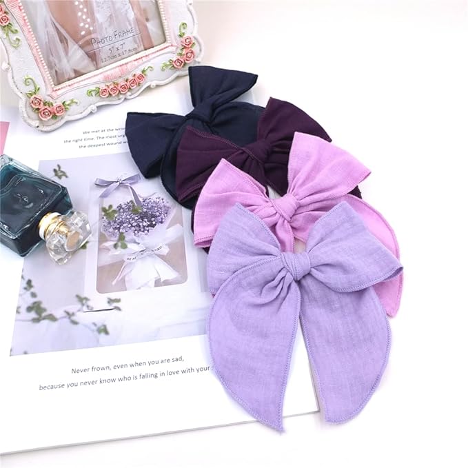 Pack of 4 Gorgeous Fable Bow Hair Clips for Girls Women Linen Hair Bow Alligator Clips Toddler Baby Mom Young Girl Hair Accessories (Lilac/Navy)