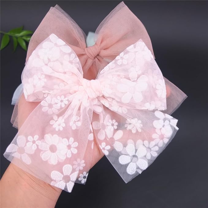 Large Tulle Bows Hair Clips for Baby Girls - Lace, Cottagecore, Lightweight Gauze Barrettes Accessories (Pink Floral and White)
