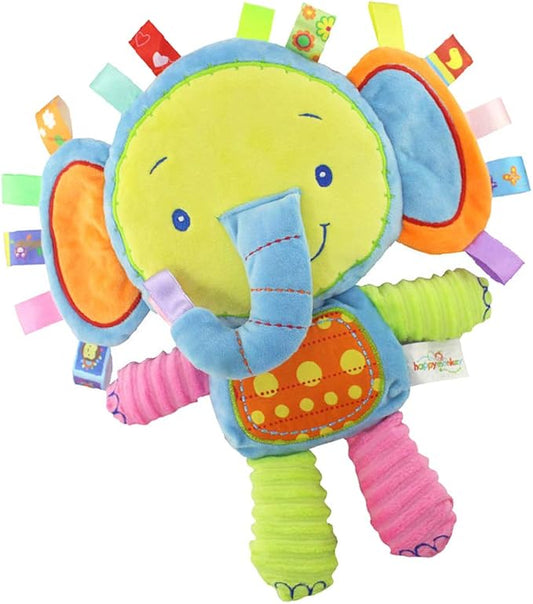 Baby Tags Toy, Taggie Security Blanket Elephant Stuffed Toy, Baby Plush Sensory Tag with Ribbons & Rattle, Toddler, Newborns, Infant