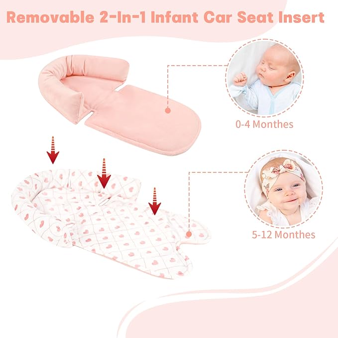 Infant Car Seat Insert, Baby Car Seat Head & Body Support with 2 Strap Pads, Ultra Soft Newborn Preemie Carseat Insert Cushion for Girls Boys, Fits Car Seat, Stroller, Swing, Bouncer, Pink