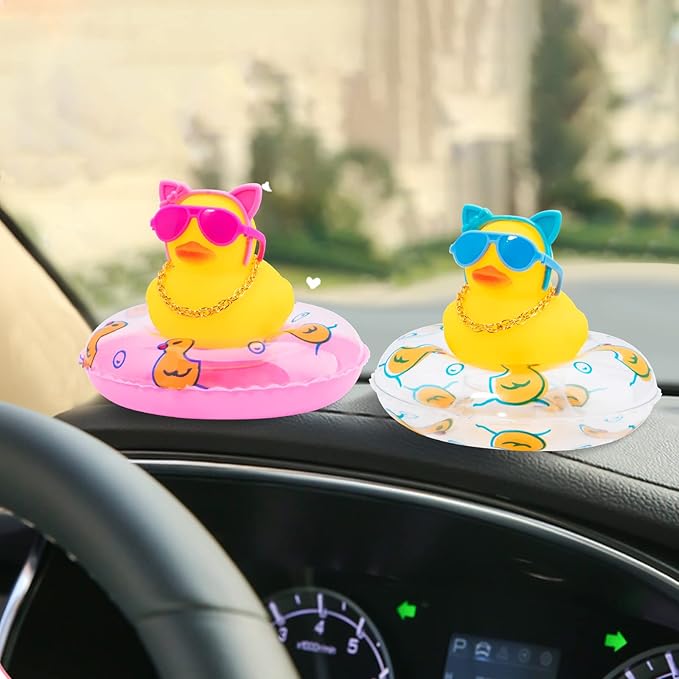 wonuu Car Duck Rubber Duck Car Ornaments Duck Car Dashboard Decorations with Cute Headband Swim Ring Necklace Sunglasses, B-Blue A Bunny Headband-Transparent