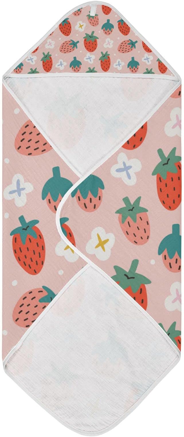 Pink Strawberry Baby Boys Girls Bath Towel Fruit Summer Hooded Towels Newborn Toddlers Organic Cotton Washcloths Shower Beach Towel 35 x 35 Inch
