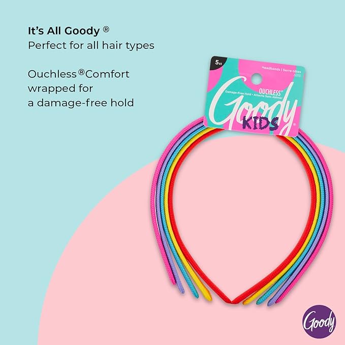 GOODY Kids Ouchless Classic Headband, Assorted Colors - For All Hair Types - Beautiful Design for Instant Style - Pain-Free Hair Accessories for Boys, and Girls, 5 Count (Pack of 2)