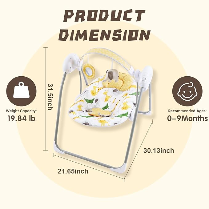 Portable Baby Swing for Infants, Compact & Foldable Infant Swing with 5-Speed Swing,Music, Timer, Cushioned Seat, Battery Operated, 0-9 Months 6-20 lbs,SG2405