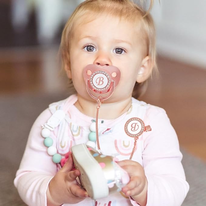 Bling Personalized Pink Baby Pacifier with Pacifier Clips and Anti-dust Cover A-Z 26 Letters(Pink,B)