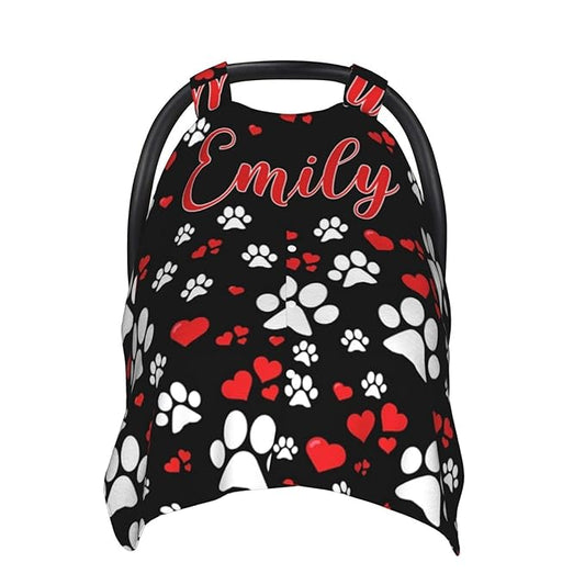 Custom Baby Car Seat Cover with Name – Personalized Dog Paw Nursing Cover, Infant Carseat Canopy, Shopping Cart Cover – Soft, Breathable & Warm – Ideal Shower Gift for Baby Girls & Boys